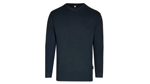 A captivating image displays a navy blue cotton shirt, with its classic collar and green zipper standing out against a pristine white background. The timeless elegance is accentuated by the shirts rich color and impeccable detailing.