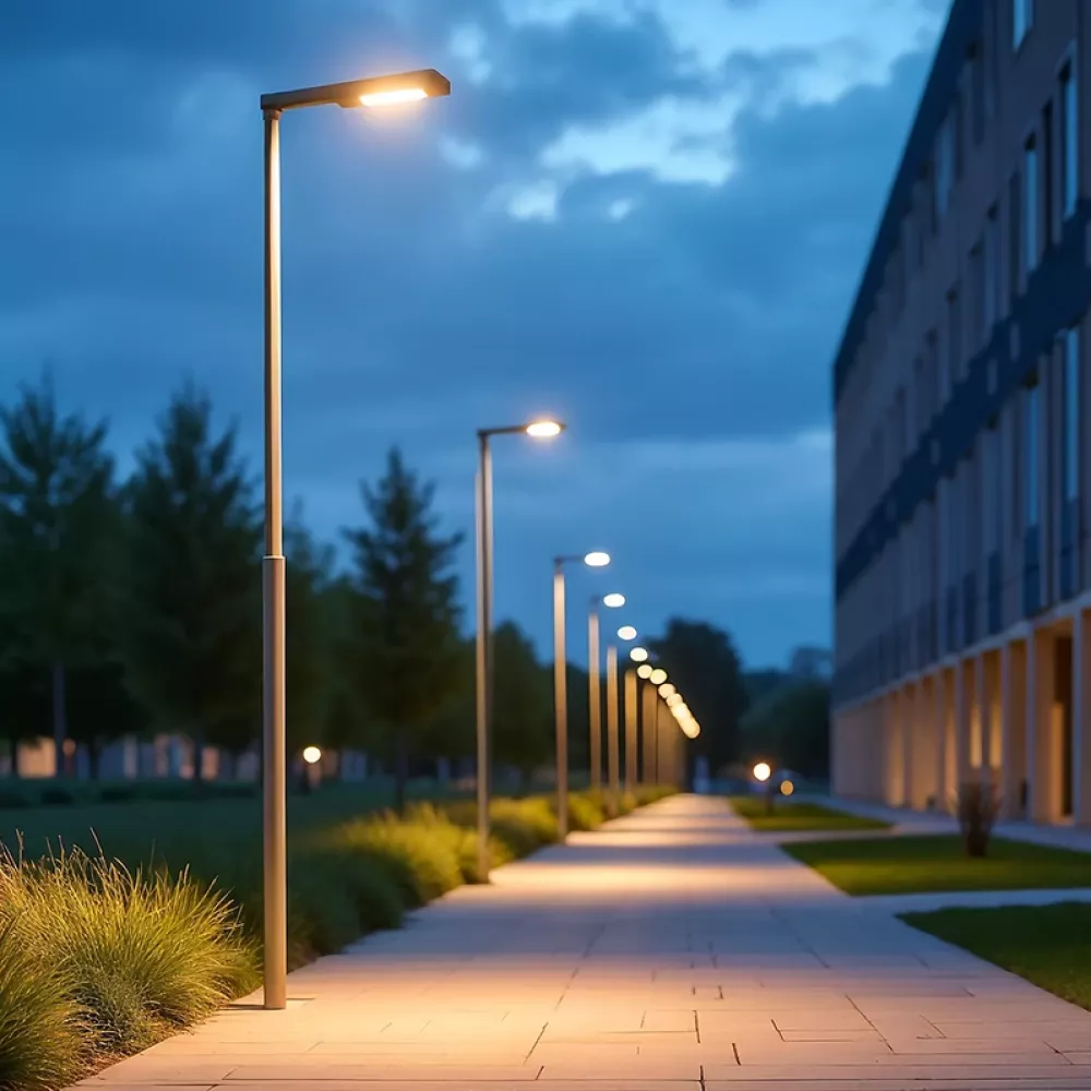 Illuminated pedestrian pathway with modern streetlights, landscaped greenery, and a contemporary building at dusk.