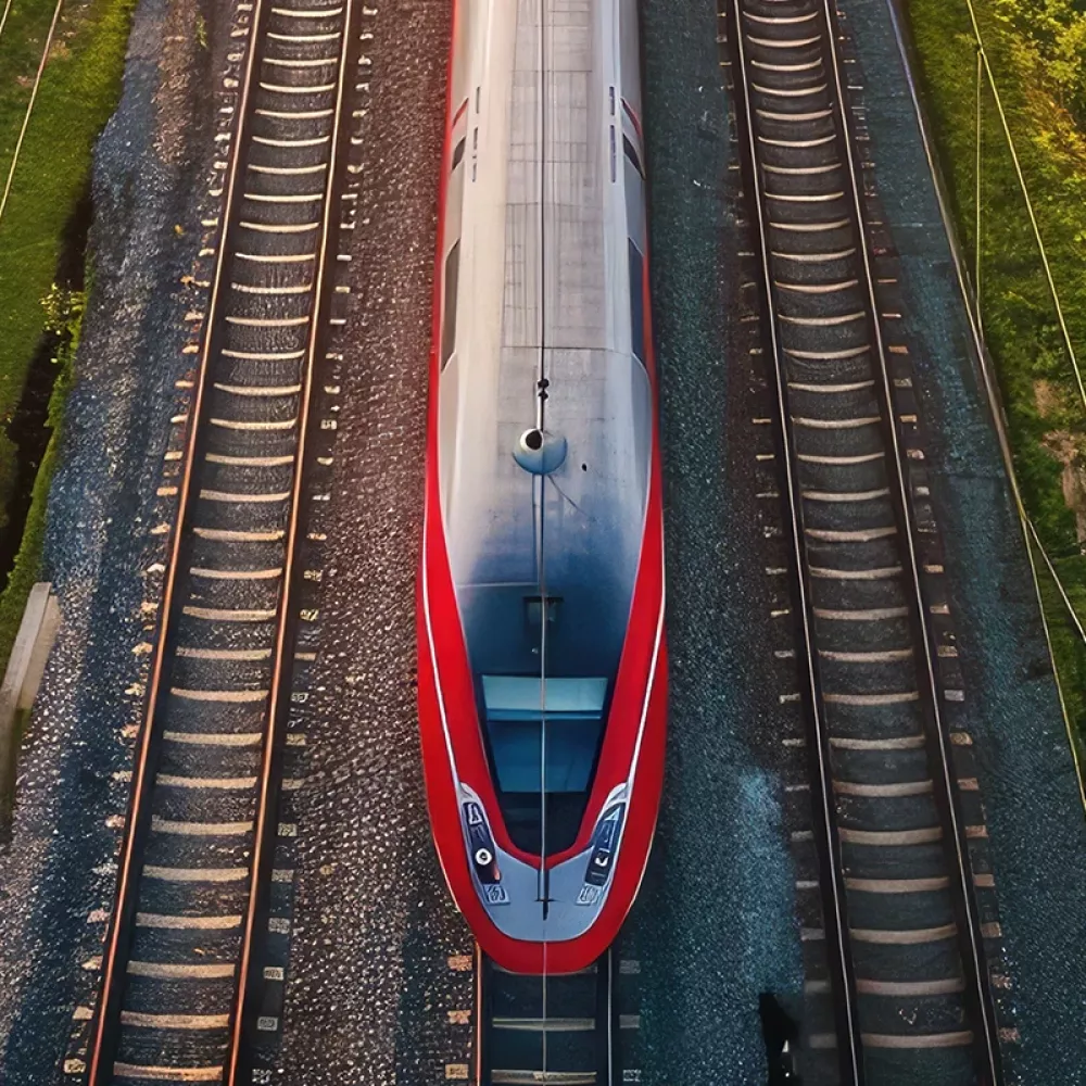 Top-down aerial view of a red high-speed train traveling on railway tracks, surrounded by green vegetation on both sides.