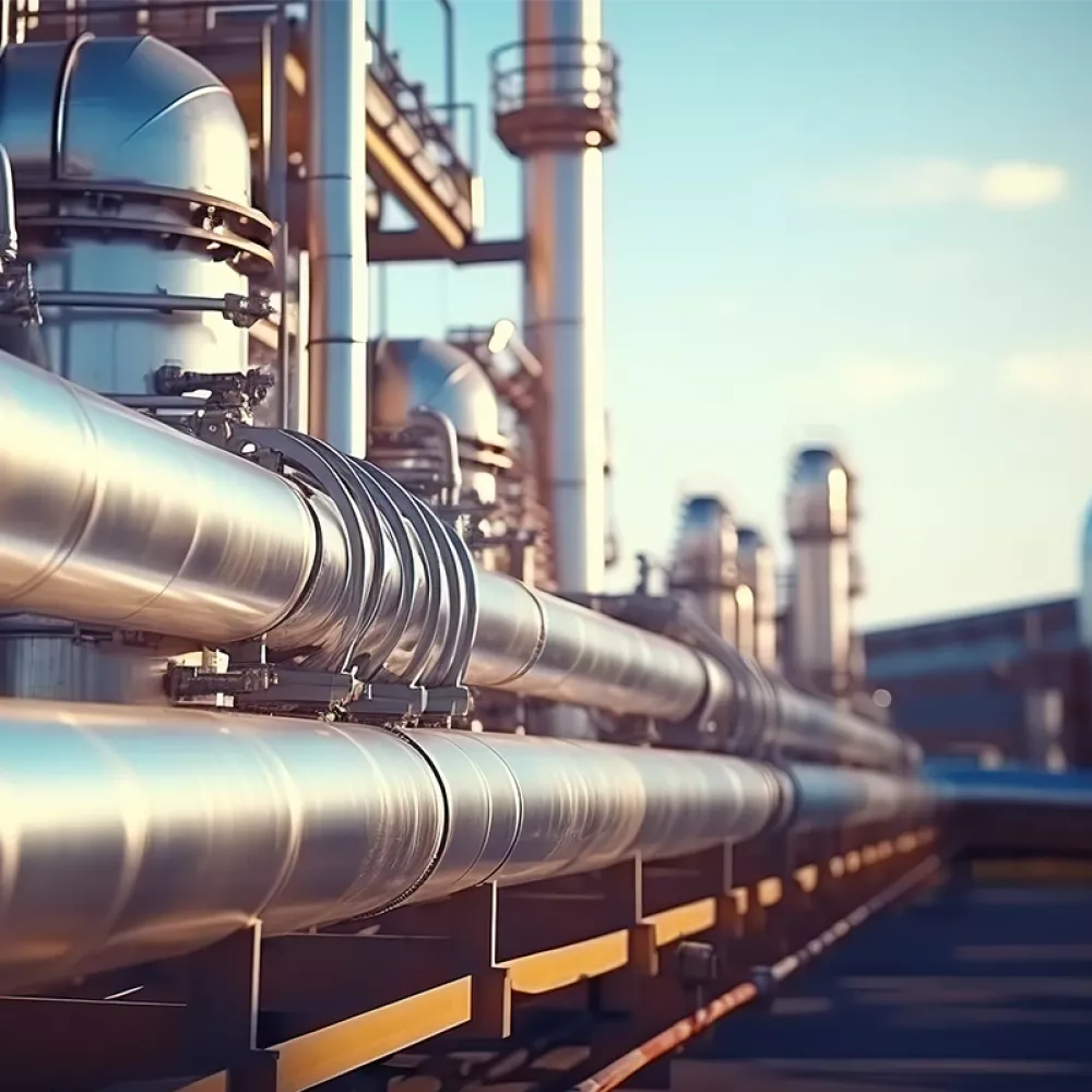 Industrial plant with stainless steel pipelines, valves, and pressure vessels running along a process facility under clear daylight.