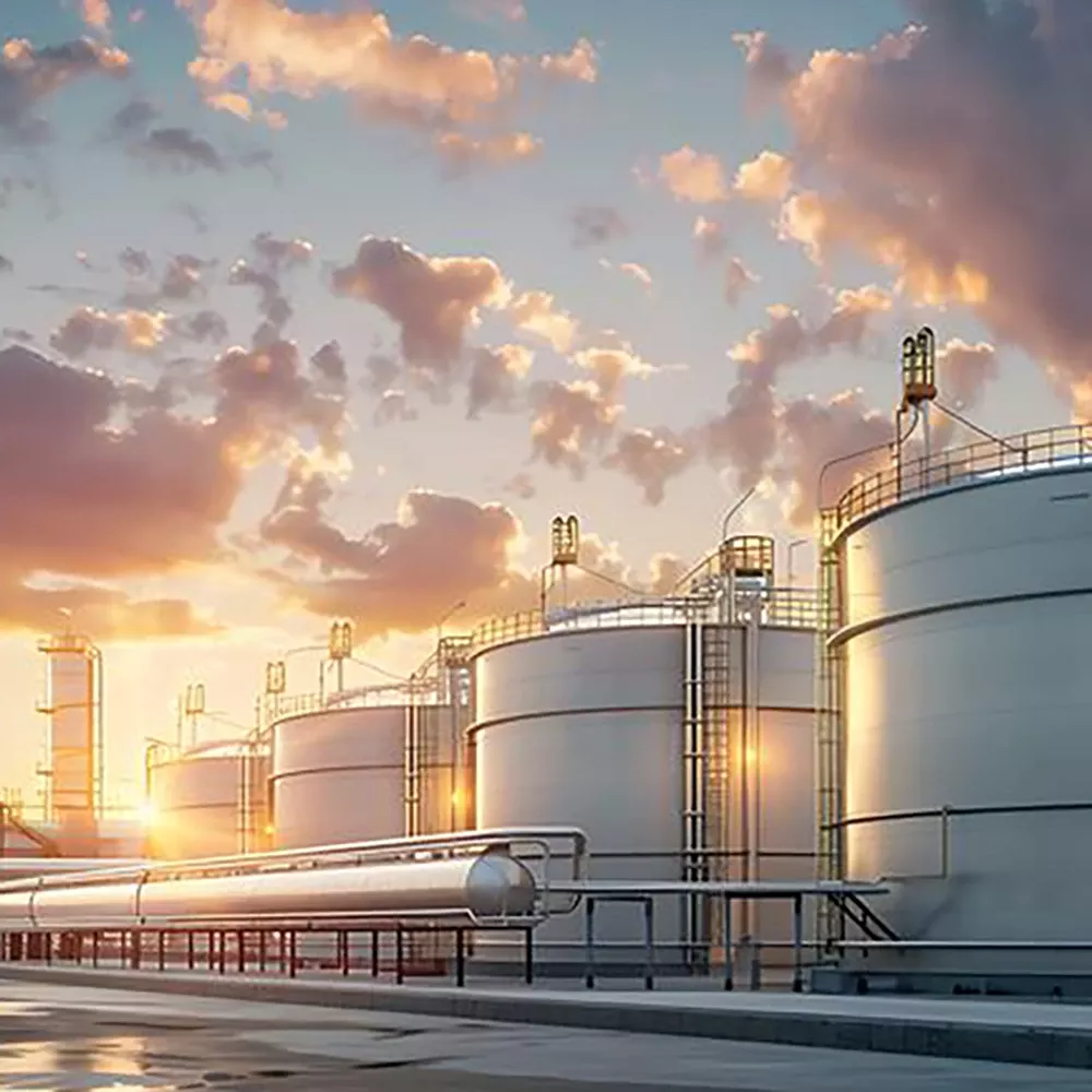 Oil tanks at sunset, with gleaming surfaces and pipes in the foreground.