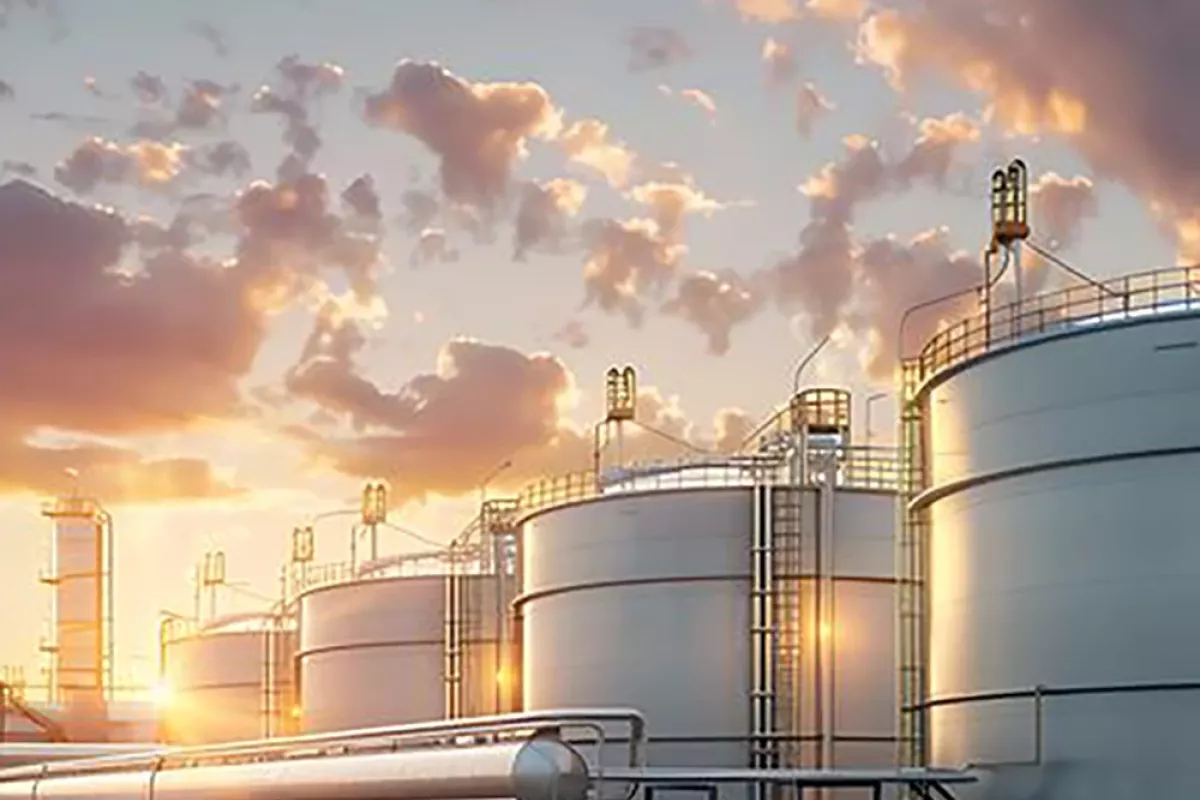 Oil tanks at sunset, with gleaming surfaces and pipes in the foreground.